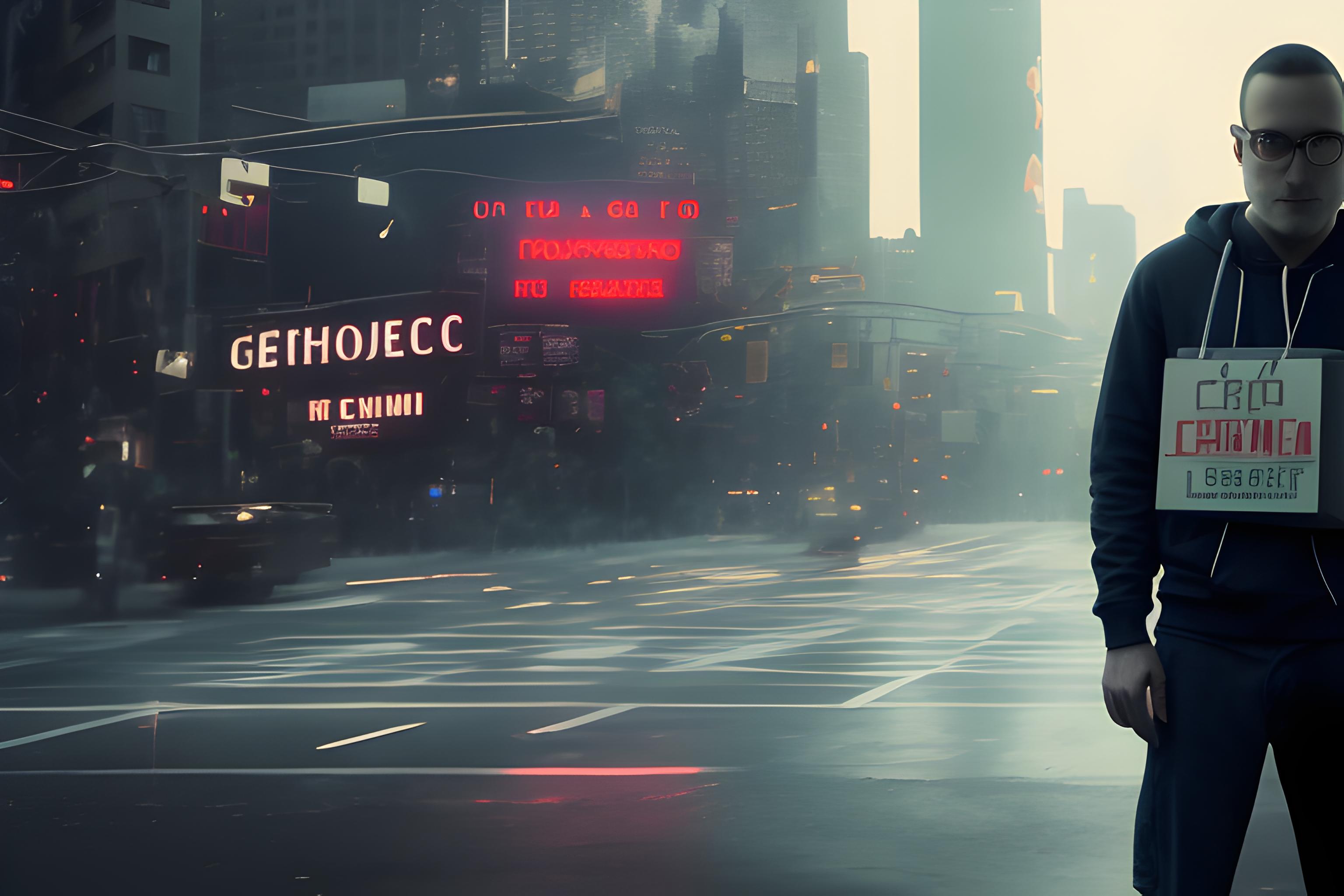 Personagem mrrobot de frente a uma cidade tecnologica semelhante a Gotham, ele observa uma guerra cibernetica acontecendo na cidade, o clima esta de noite tudo escuro apenas as luzes da cidade e as listras minimalistas dos ataques da guerra cibernetica